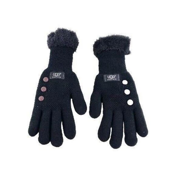 UGG Plush Knit lined Gloves Size S/M Black button accents Winter Glove - Picture 1 of 6